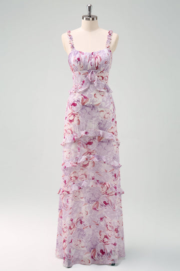 Gris púrpura sirena Spaghetti Tirantes floral Vestido largo de dama de honor